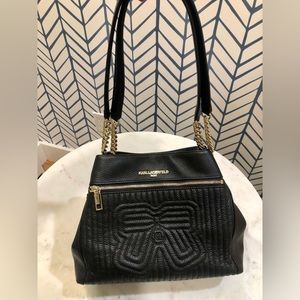 Like New Karl Lagerfeld Paris RARE Black Leather Bow Tie Shoulder Bag